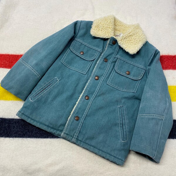 Size 8 Vintage 70s Kids Green Sherpa Lined Western Denim Chore Jacket USA Made