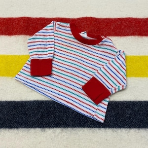 Sz 12Months 70s White Multi Color Striped Baby Long Sleeved Shirt USA Made