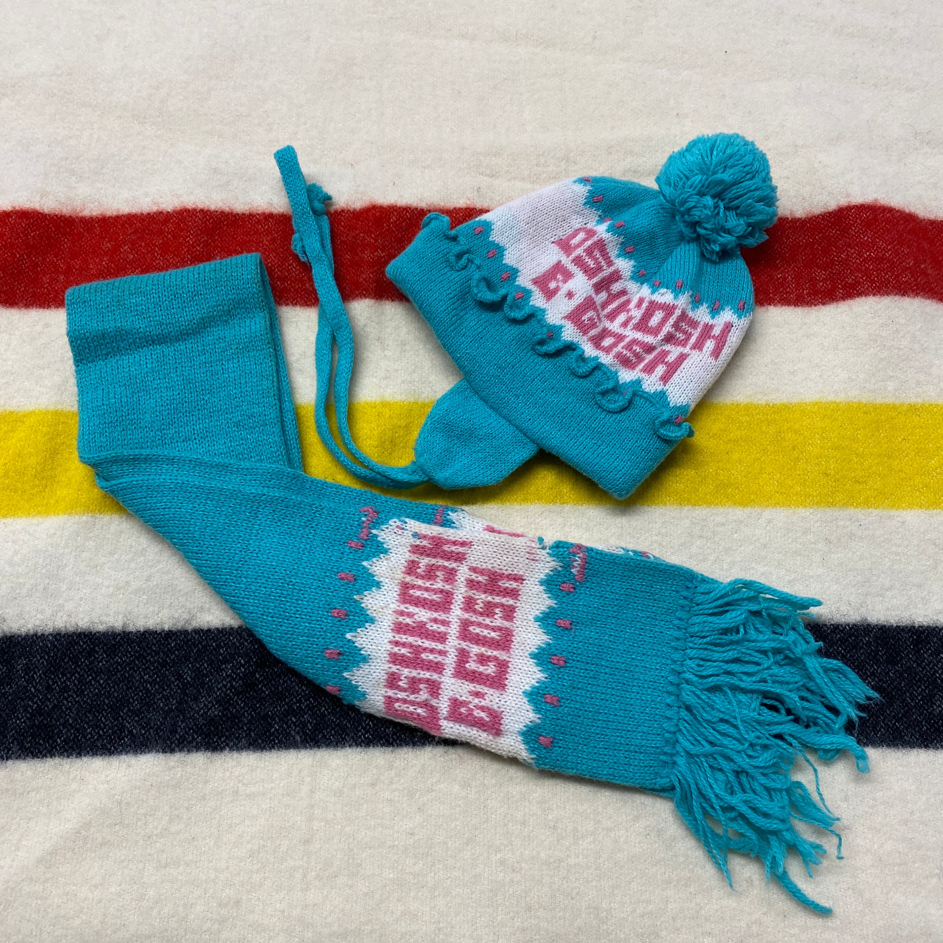 Vintage 80s Osh Kosh B Gosh Baby Scarf & Beanie Two Piece Pom Pom Hat
