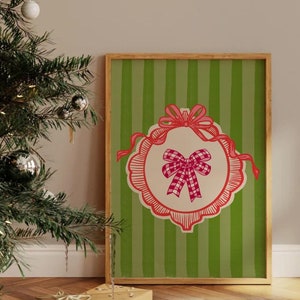 Vintage Christmas Wall Art, Digital Art Download, Whimsical Christmas Bow Print, Trendy Holiday Wall Art, Cute Christmas Art Print Coquette