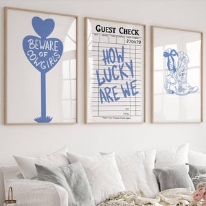 How Lucky Are We Wall Art Coastal Cowgirl Print Light Blue Preppy Girly Western Wall Art Coquette Bow Boots Dorm Decor Set of 3 PRINTABLE