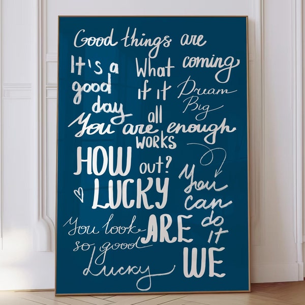 How Lucky Are We Wall Art Print Navy Blue Preppy Print Retro Trendy Wall Art Aesthetic Dorm Decor Bedroom Wall Art Quote Printable DIGITAL