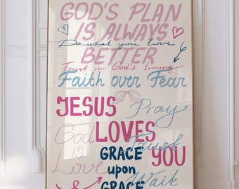 Girly Christian Wall Art Print Navy Blue Pink Preppy Print Trendy Wall Art Aesthetic Dorm Decor Bedroom Wall Art Quote Printable Digital