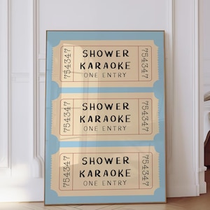 Shower Karaoke Ticket Print Bathroom Retro Light Blue Aesthetic Shower Singing Funny Wall Art Vintage Trendy Digital Download