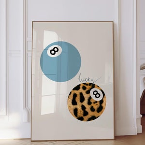8 Pool Ball Leopard Print Lucky Girl Retro Wall Art Trendy Bar Cart Poster Estetyczny wydruk Funky Y2K Apartment Light Blue Digital Download