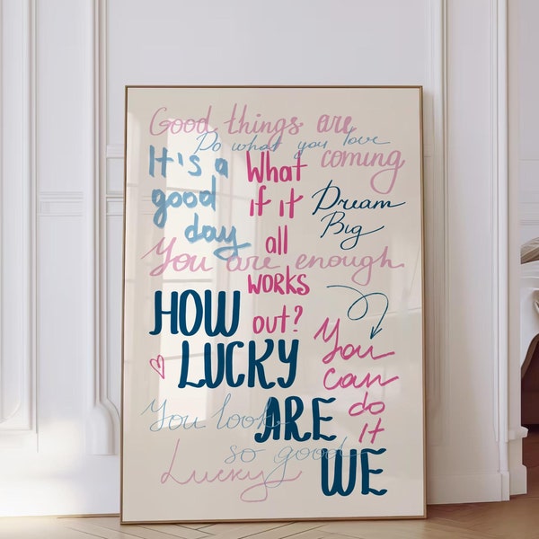 How Lucky Are We Wall Art Print Navy Blue Pink Preppy Print Retro Trendy Wall Art Aesthetic Dorm Decor Bedroom Wall Art Quote Printable