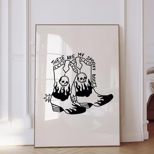 Trendy Western Halloween Spooky Boots Wall Art Print Retro Cowgirl Black and White Poster College Dorm Teen Decor Printable Digital Download