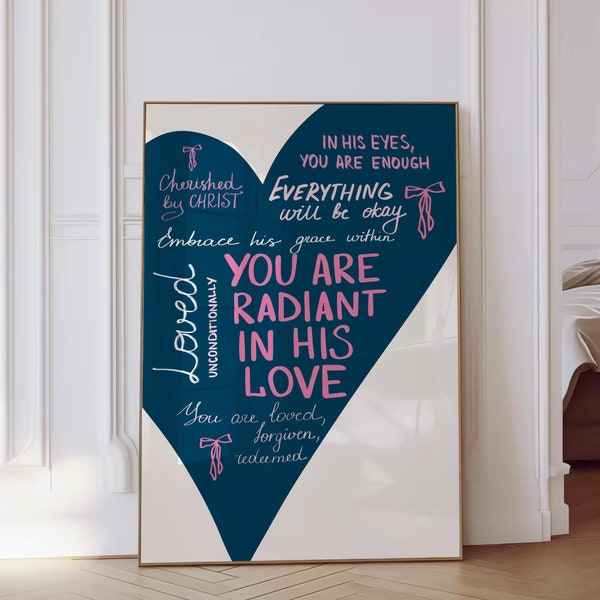 Navy Blue Pink Heart Christian Wall Art Print Modern Christian Quote Print Uplifting Girly Aesthetic Dorm Decor Bedroom Printable Digital