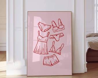 Laundry Print Coquette Wall Art Pink Bathroom Wall Art Girly Dorm Room Decor Trendy Wall Art Lingerie Coquette Poster Hand Drawn Digital