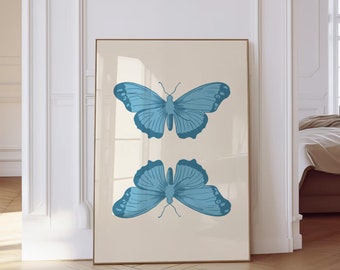 Lichtblauwe vlinder muur kunst print trendy preppy kamer decor afdrukbare boho muur kunst slaapzaal college kamer decor decor kinderkamer digitale print