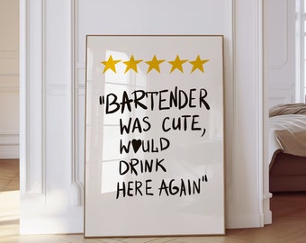 Impresión de "El camarero era guapo, volvería a beber aquí" / Arte mural retro, impresiones de pared de cocina, impresión de carrito de bar, arte mural dibujado a mano, impresión estética