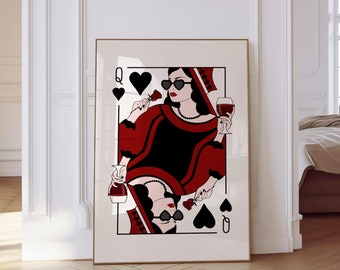 Queen of Hearts Playing Card Red Preppy Wall Art Trendy Retro Art Bar Decor Kitchen Print Gift Kitchen Aesthetic Decor Maximalist Wall Art