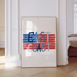 East Coast American Flag Coastal Wall Art Print Cowgirl Decor Blue Vintage Beachy Dorm Art Aesthetic Trendy Preppy Printable Download