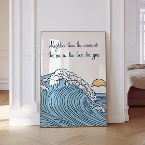 Impresión artística más poderosa que las olas, arte de pared cristiano minimalista azul, póster del océano, Salmo 93:4, arte de las Escrituras bíblicas, descarga digital