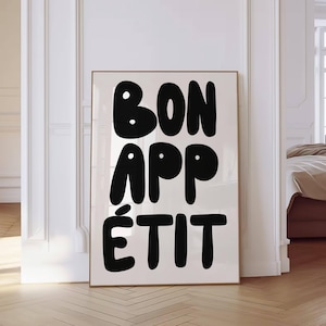 Bon Appetit プリント キッチン デコレーション バー カート ウォール アート フランス語の引用ポスター 手描き ミッドセンチュリー タイポグラフィ プリント レトロ ダイニング デジタル ダウンロード