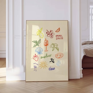 Retro eettafel print Italiaanse zomer illustraties poster retro schattige keuken muur print barwagen handgetekende muurkunst esthetische print