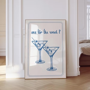 Blauwe retro poster martini trendy muurkunst print blauwe retro poster One For The Road barwagen moderne illustratie handgetekende digitale download