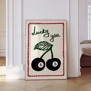 Lucky You 8 Ball Print Poster, Vintage Food Print, Trendy Retro Print, Cherry Illustration, Aesthetic Kitchen Decor, Digital Download Art
