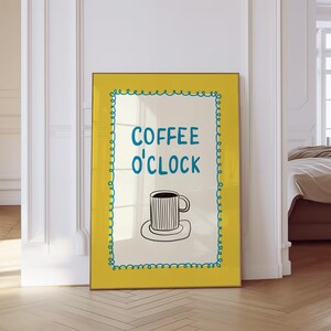 Coffee O'clock Print: handgetekende koffiestation muurkunst, modern keukendecor (digitale download)