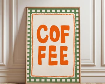 Coffee Print, Printable Striped Espresso Wall Art, Retro Kitchen Home Decor, Cafe Bar, Trendy Digital Download Poster, Orange Green Vintage