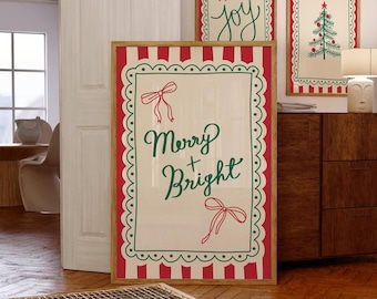 Vintage Christmas Wall Art Whimsical Merry Christmas Print Trendy Holiday Wall Art Cute Christmas Art Print Red Green Digital Art Download