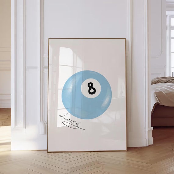 Lucky 8 Ball Wall Art Vintage Pool Ball Print Light Blue Pool Ball Poster Retro Hand Drawn Dorm Room Poster Trendy Printable Digital Prints