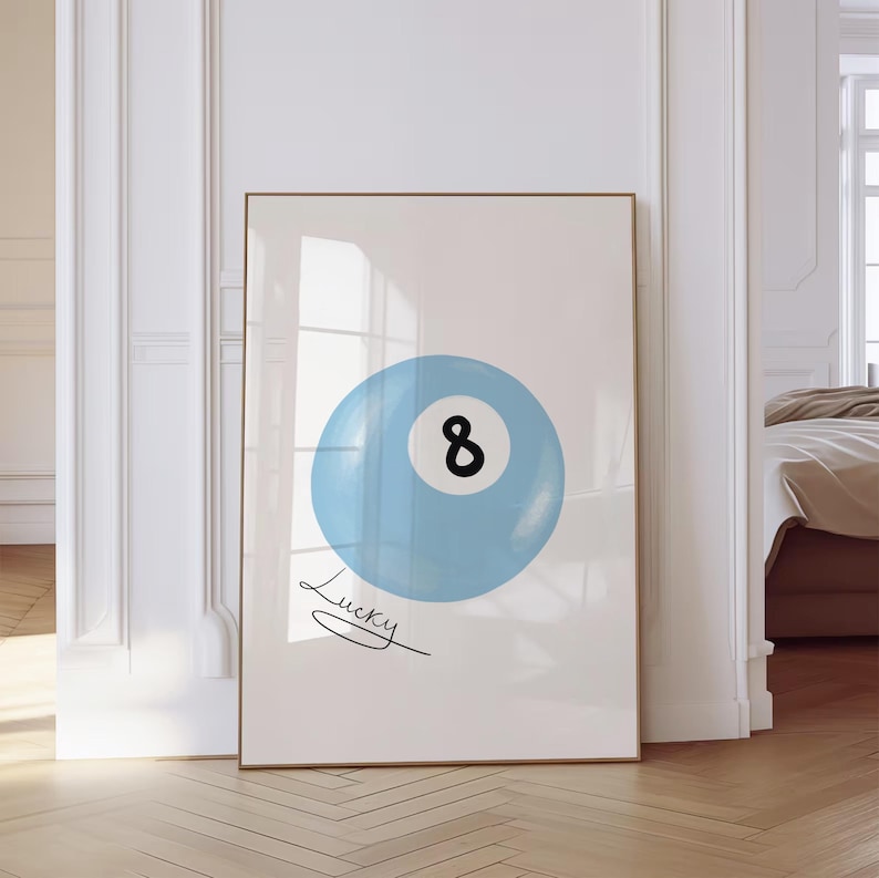 Lucky 8 Ball Wall Art Vintage Pool Ball Print Light Blue Pool Ball Poster Retro Hand Drawn Dorm Room Poster Trendy Printable Digital Prints
