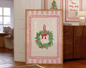 Preppy Christmas Wall Art Pink Girly Christmas Wreath Print Trendy Holiday Wall Art Cute Coquette Christmas Decor Print Digital Art Download