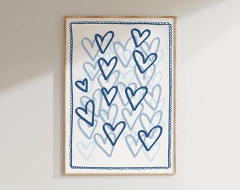 Coeurs bleus Art coquette dortoir Art mural bleu marine Preppy Art mural mignon chambre à coucher Décoration d'appartement universitaire tendance imprimable numérique
