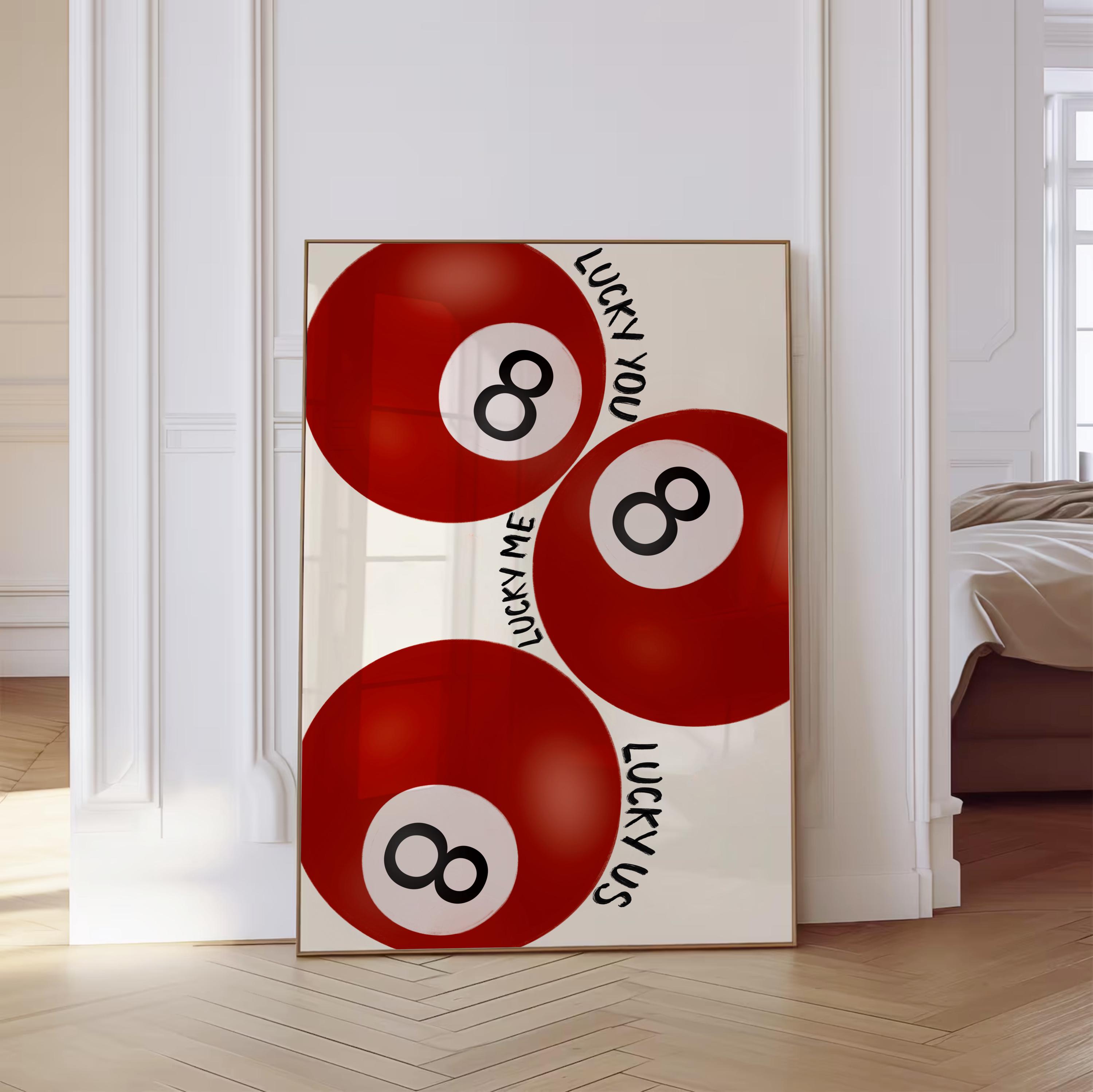 Lucky Me Lucky You Lucky Us Print, 8 Ball Art, Vintage Game Decor, Red Playful Billiards Print, Retro Bar Cart Art, Cool Wall Art, Digital
