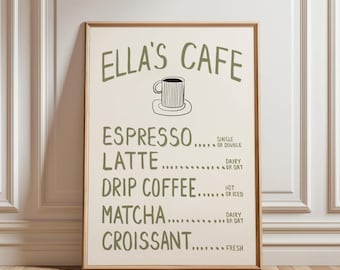 Personalisierte Kaffeekarte Poster Cafe Druck Kaffeebar Dekor Küche Wand Kunst Kaffeebar Zeichen niedliche Geschenkidee Studentenwohnheim Zimmer Kunst Printable DIGITAL