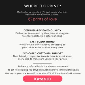 May include: A pink heart with the text "prints of love" above a white background with text that reads "Where to Print?" and details about the company Prints of Love, including their designer-reviewed quality, fast turnaround, dedicated customer support, and a referral link and coupon code.
