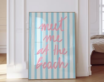 Meet Me At The Beach Coastal Beach Wall Art Print Light Blue Pink Text Poster Preppy Print Dorm Room Wall Art Teen Girl PRINTABLE Digital