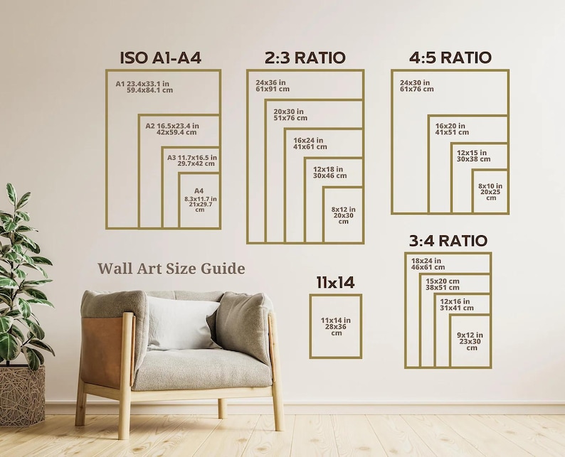 May include: A wall art size guide with various rectangular frames labeled with dimensions in inches and centimeters. The guide includes ISO A1-A4, 2:3, 4:5, and 3:4 ratios, with measurements like 24x36 inches and 61x91 cm.