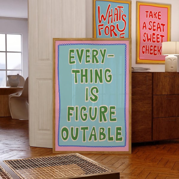 Everything Is Figureoutable Print In Blue, Dopamine Decor, Pink Green Wall Art, Aesthetic Room Decor, Printable Wall Art, Above Bed Art