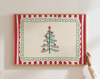 Vintage Christmas Wall Art Whimsical Christmas Tree Print Trendy Holiday Wall Art Cute Christmas Art Print Digital Art Download Horizontal