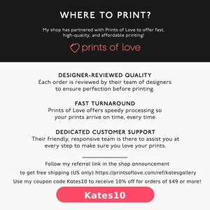 Op de afbeelding: Een promotionele afbeelding met de tekst "WHERE TO PRINT?" en "prints of love." De afbeelding benadrukt door ontwerpers beoordeelde kwaliteit, snelle doorlooptijd en toegewijde klantenondersteuning. Een kortingscode "Kates10" is ook te zien.