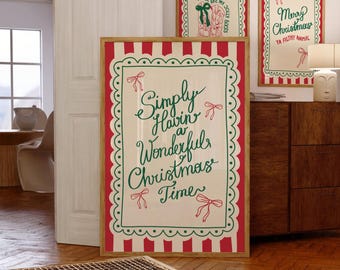 Art mural de Noël vintage Impression de joyeux Noël fantaisiste Art mural tendance des fêtes de fin d'année Impression d'art de Noël mignon Rouge vert Téléchargement d'art numérique