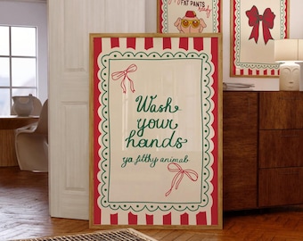 Wash Your Hands Ya Filthy Animal Print Striped Christmas Wall Art Funny Toilet Poster for Christmas Bathroom Decor Digital Download