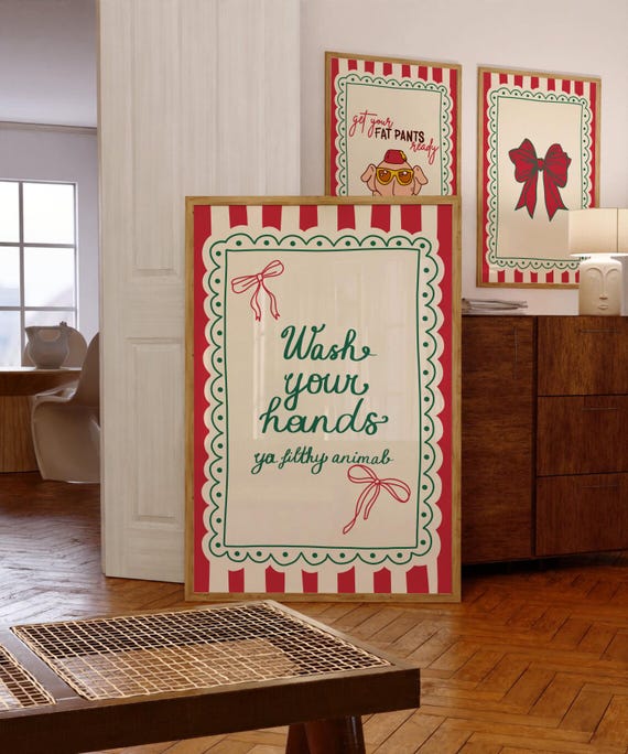 Wash Your Hands Ya Filthy Animal Print Striped Christmas Wall Art Funny Toilet Poster for Christmas Bathroom Decor Digital Download