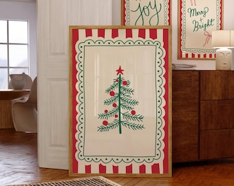 Vintage Christmas Wall Art Whimsical Christmas Tree Print Trendy Holiday Wall Art Cute Christmas Art Print Red Green Digital Art Download