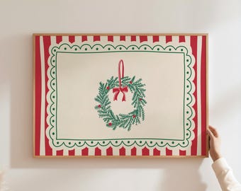 Vintage Christmas Wall Art Whimsical Christmas Wreath Print Trendy Holiday Wall Art Cute Christmas Art Print Digital Art Download Horizontal