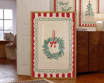 Vintage Christmas Wall Art Whimsical Christmas Wreath Print Trendy Holiday Wall Art Cute Christmas Art Print Digital Art Download