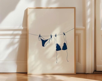 Bikini Art Print Printable Navy Bikini Beach Illustration Bikini Hanging Poster Bathing Suit Poster Coastal Cowgirl Print Digital Download
