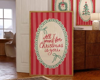 Art mural de Noël vintage Impression de joyeux Noël fantaisiste Art mural tendance des fêtes de fin d'année Impression d'art de Noël mignon Rouge vert Téléchargement d'art numérique