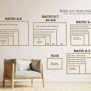 May include: A wall art size guide with different ratios and measurements in inches and centimeters. The guide includes ratios like 4:5, 5:7, 3:4, and 2:3. The guide also includes standard paper sizes like A1, A2, A3, and A4.