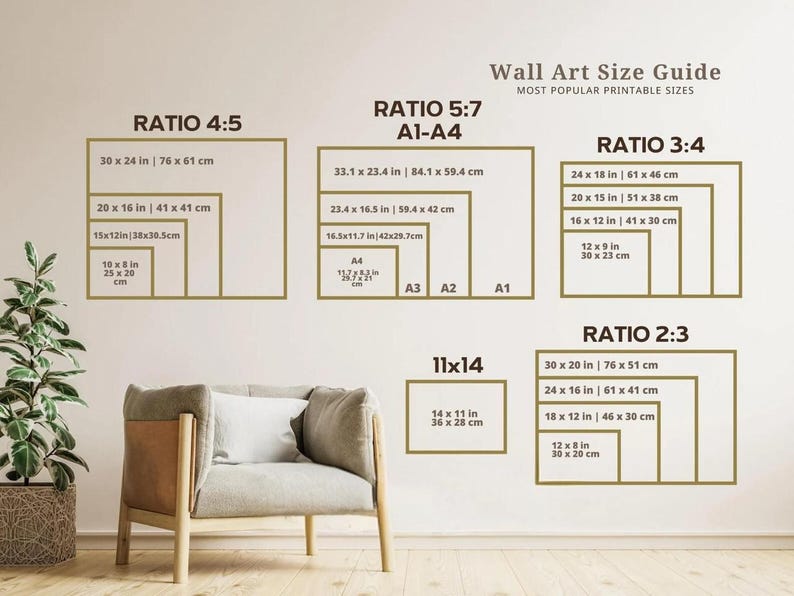 May include: A wall art size guide with different ratios and measurements in inches and centimeters. The guide includes ratios like 4:5, 5:7, 3:4, and 2:3. The guide also includes standard paper sizes like A1, A2, A3, and A4.