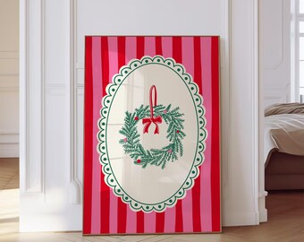 Vintage Christmas Wall Art Whimsical Christmas Wreath Print Pink Trendy Holiday Wall Art Preppy Christmas Art Print Digital Art Download