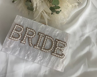 BRIDE Box-Clutch mit Gold- und Perlenverzierung und abnehmbarem Goldriemen für Hochzeit/Junggesellinnenabschied/Brautparty