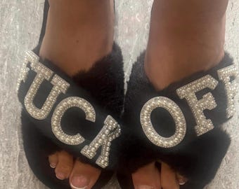 F*CK OFF fluffy embellished slippers  birthday | Christmas gift - various  colours available | novelty gift | stocking filler | offensive